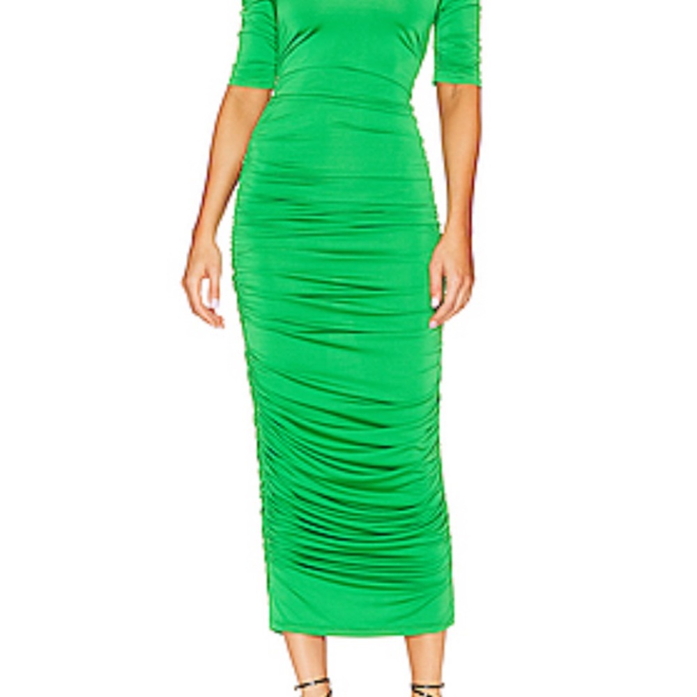 L'AGENCE Emerald Green Ruched Midi Dress